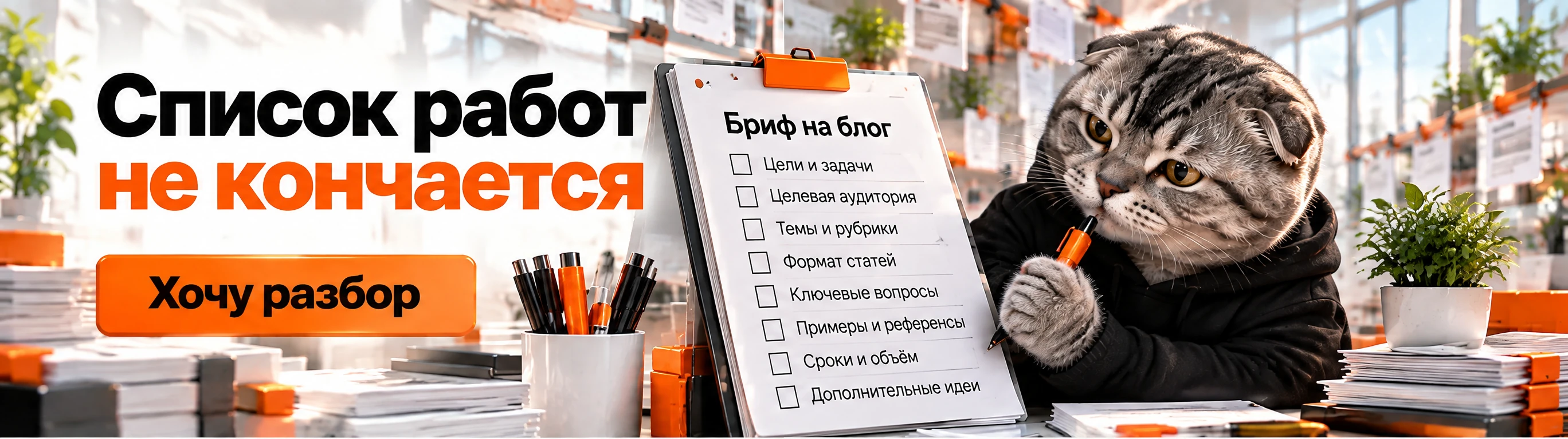 Кот удерживает бесконечный список работ, чтобы остался короткий порядок первого месяца.